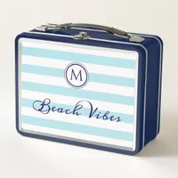Beach Vibes Cool Blue White Stripes Monogram Metal Lunch Box