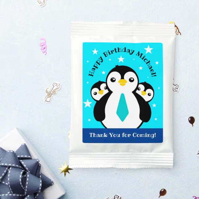 Cute Happy Birthday Boy Penguins Blue Neckties Lemonade Drink Mix