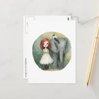 Cute Girl Red Hair With Elephant and Bird Postcard