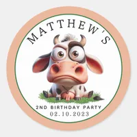 Cute Cow Farm Animals 2nd Birthday Party Classic Round Sticker