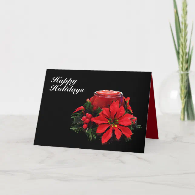 Festive Red Christmas Candle, Holly and Poinsettia Holiday Card