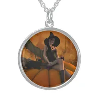 Witch and Cat on Giant Pumpkin  Sterling Silver Necklace