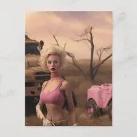 blonde doll in pink post apocalyptic  postcard