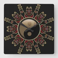 Tribal Red+Gold YinYang Geometric Sun Square Wall Clock