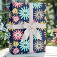 Colorful Daisies on Navy Blue Pattern Wrapping Paper