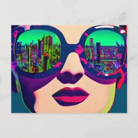 Colorful Art Woman in Sunglasses City Reflection  Postcard