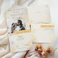Elegant Watercolor Gold Foliage Photo Boho Wedding All In One Invitation