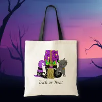 Witch, Cat and Broomstick Halloween Trick or Treat Tote Bag