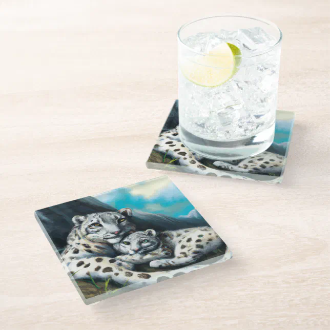 Mother Snow Leopard and Cub in the Mountains Glass Coaster