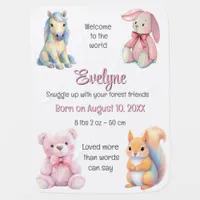 Woodland Animal Friends Watercolor Birth Details Baby Blanket