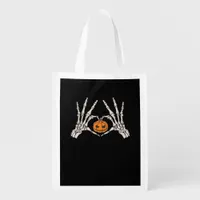Skeleton Hand Heart And Pumpkin Funny Skull Grocery Bag