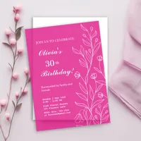 Elegant White Floral On Hot Pink 30th Birthday  Vellum Invitations