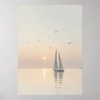 Serene Minimalist Sailing Boat Calm Waters Sunrise Poster