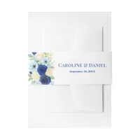 Navy Royal Bue Wedding Watercolor Ivory Flowers Invitation Belly Band
