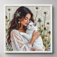 Beautiful Woman, Cat and Dandelions Peel And Stick Photo Tile