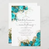 Turquoise and Gold Vintage Floral Holy Communion Invitation
