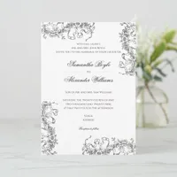 Romantic Floral French Rococo Black White Wedding Invitation