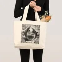 Monogram Black & White Dolphins Ocean | Large Tote Bag
