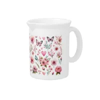 Pink Feminine Flowers and Butterflies Beverage Pitcher