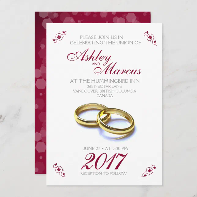 Traditional Floral and Rings Burgundy Grey Wedding Invitation