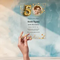 50th birthday gold photo stars clear acrylic invitations