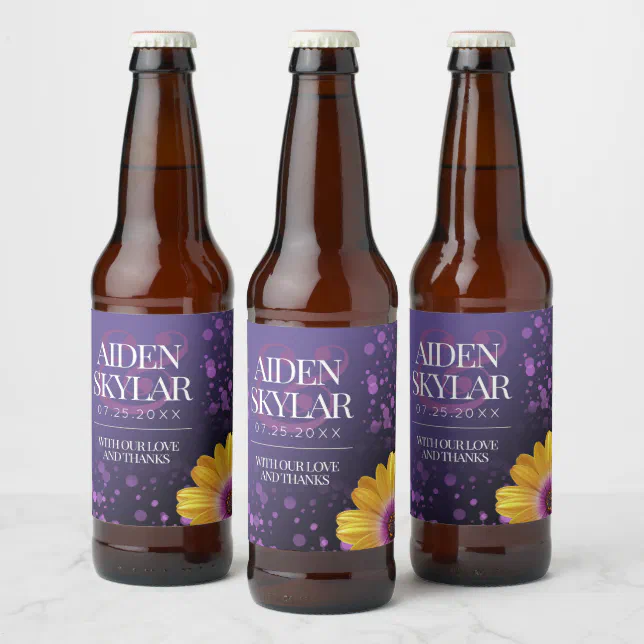 Elegant Golden Daisy with Purple Glitter Wedding Beer Bottle Label