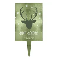 Deer Antlers Silhouette & Snowflakes Green ID861 Cake Topper