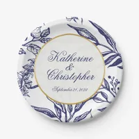 Elegant Vintage Navy Blue Gold Botanical Wedding Paper Plates