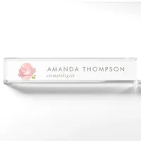 Chic Watercolor Blush Pink Rose Desk Name Plate