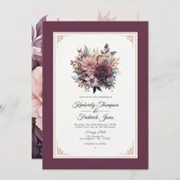 Plum, Gray, Copper and Dusty Rose Floral Wedding Invitation