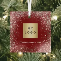 Business comapany logo red silver glitter glass ornament