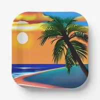 Pretty Tropical Palm Tree and Ocean Sunset Paper Plates