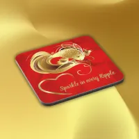 Gold goldfish on red foil monogram | beverage coaster