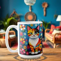 Boho Folk Art Cat, Flowers & Butterfly   Coffee Mug
