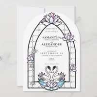 Stained Glass Whimsical Swans Water Lilies Wedding Invitation