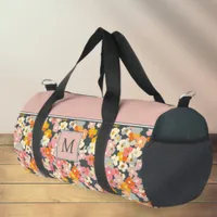 Chic Pink and Gray Floral Monogram Initial Duffle Bag