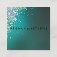 Teal Blue Pretty Silver Glitter Glam Beauty Square Business Card