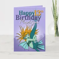 Girly Cartoon Mermaid Purple Green 13th Birthday Card