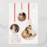 Festive Red White First Christmas 3 Photo Collage Foil Holiday Card