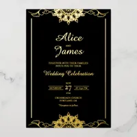 Floral Mandala Black Gold Foil Wedding Invitation