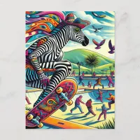 Skateboarding Zebra Colorful and Fun Postcard