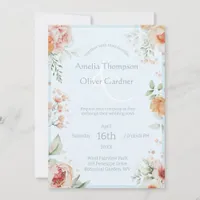 Apricot Peach Blue Floral Wedding Invitation