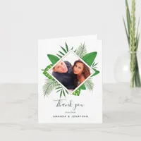 Watercolor tropical foliage Wedding photo thanks Thank You Card