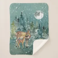 Doe and Fawn Deer in Forest Full Moon Snowfall Sherpa Blanket