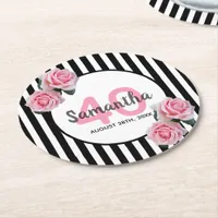 40th birthday pink flowers black stripes round paper coaster