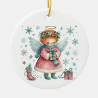 Whimsical Cute Pink and Blue Christmas Angel Ceramic Ornament