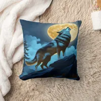 Howling Wolf Beneath Bright Full Moon Throw Pillow