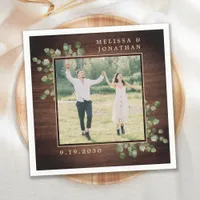 Personalized Wedding Photo Rustic Wood Greenery Napkins