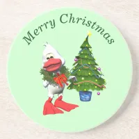 Cute White Christmas Duck Wearing a Wreath Coaster