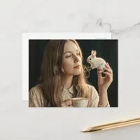 Woman and a Tiny Magic Bunny at Tea Postcard